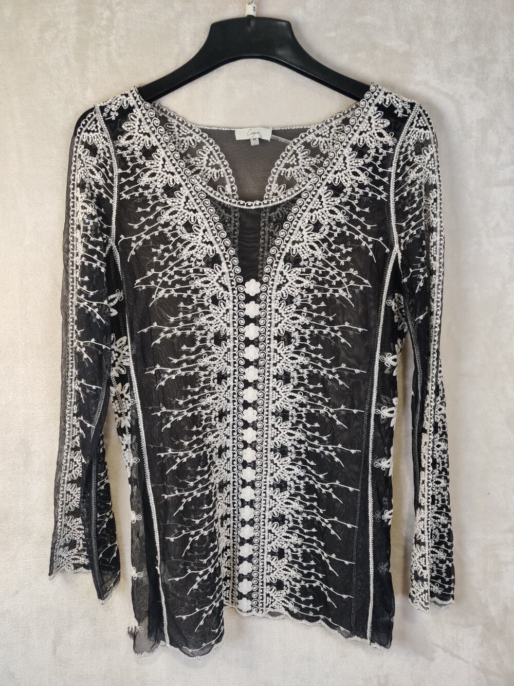 Capri Women's Blouse Black White Embroidered Lace Floral Gothic Size Medium